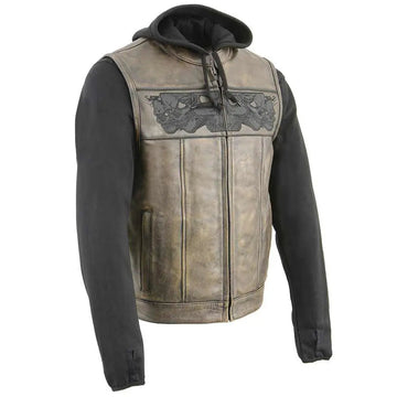 Open Road Men's Skull Hoodie Leather Vest - Velora Luxury Fashion