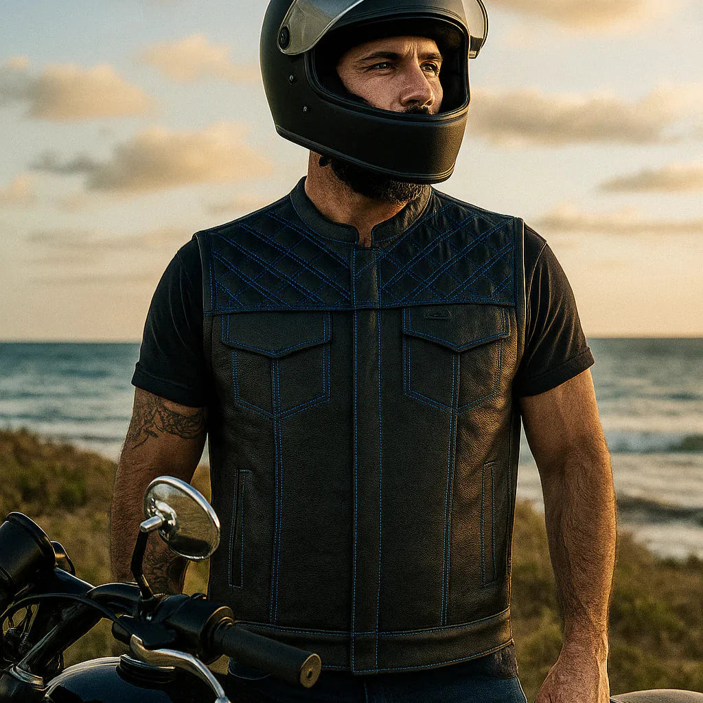 Open Road Men's Upside Leather with Blue Stitched Diamonds Vest - Velora Luxury Fashion
