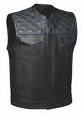Open Road Men's Upside Leather with Blue Stitched Diamonds Vest - Velora Luxury Fashion