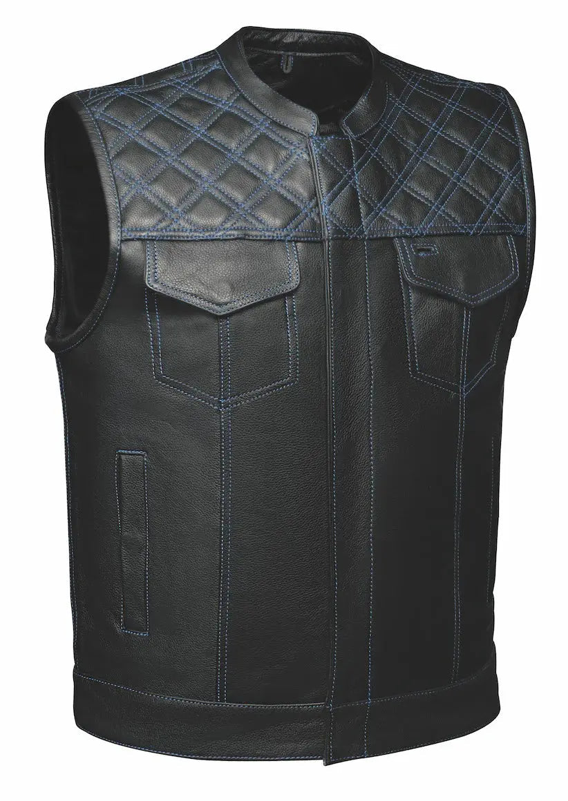 Open Road Men's Upside Leather with Blue Stitched Diamonds Vest - Velora Luxury Fashion