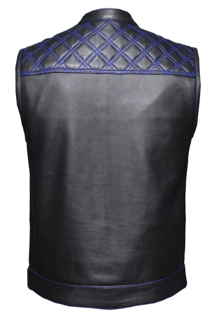 Open Road Men's Upside Leather with Blue Stitched Diamonds Vest - Velora Luxury Fashion