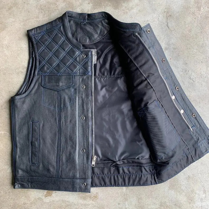 Open Road Men's Upside Leather with Blue Stitched Diamonds Vest - Velora Luxury Fashion
