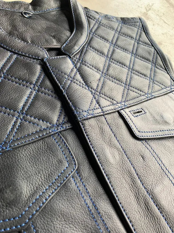 Open Road Men's Upside Leather with Blue Stitched Diamonds Vest - Velora Luxury Fashion