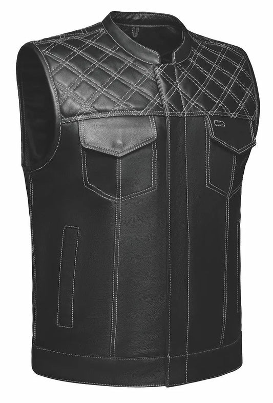 Open Road Men's Upside Leather with White Stitched Diamonds Vest - Velora Luxury Fashion