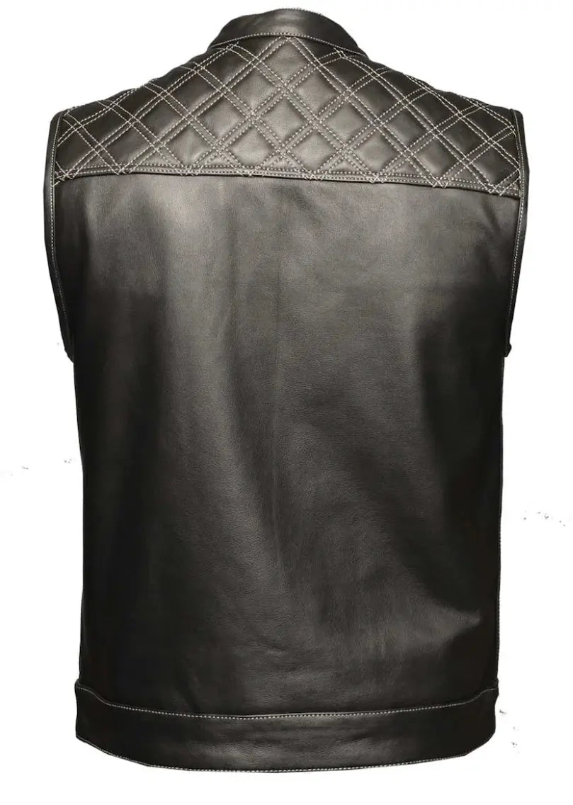Open Road Men's Upside Leather with White Stitched Diamonds Vest - Velora Luxury Fashion
