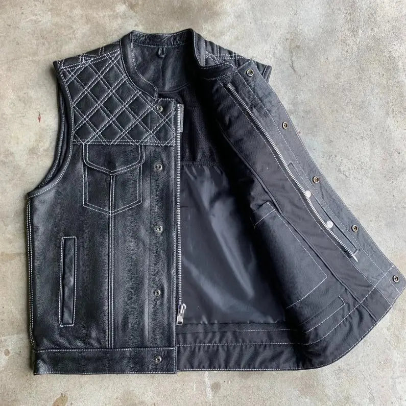 Open Road Men's Upside Leather with White Stitched Diamonds Vest - Velora Luxury Fashion