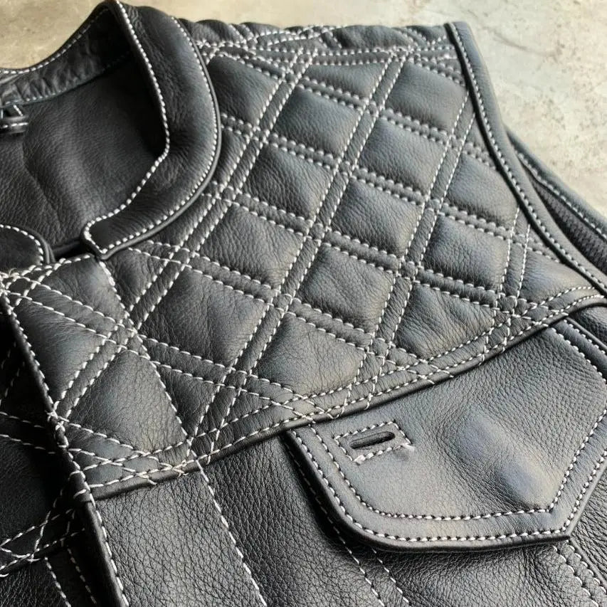 Open Road Men's Upside Leather with White Stitched Diamonds Vest - Velora Luxury Fashion