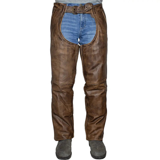 Open Road Men's Vintage Brown 4 Pocket Premium Leather Chaps - Velora Luxury Fashion
