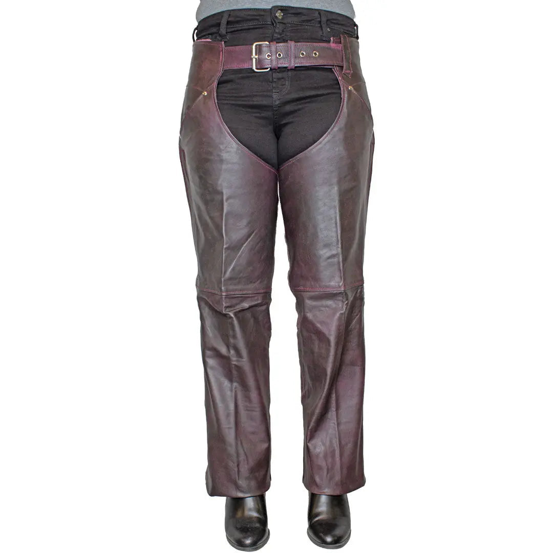 Open Road Women's Dark Purple Wash Leather Chaps - Velora Luxury Fashion