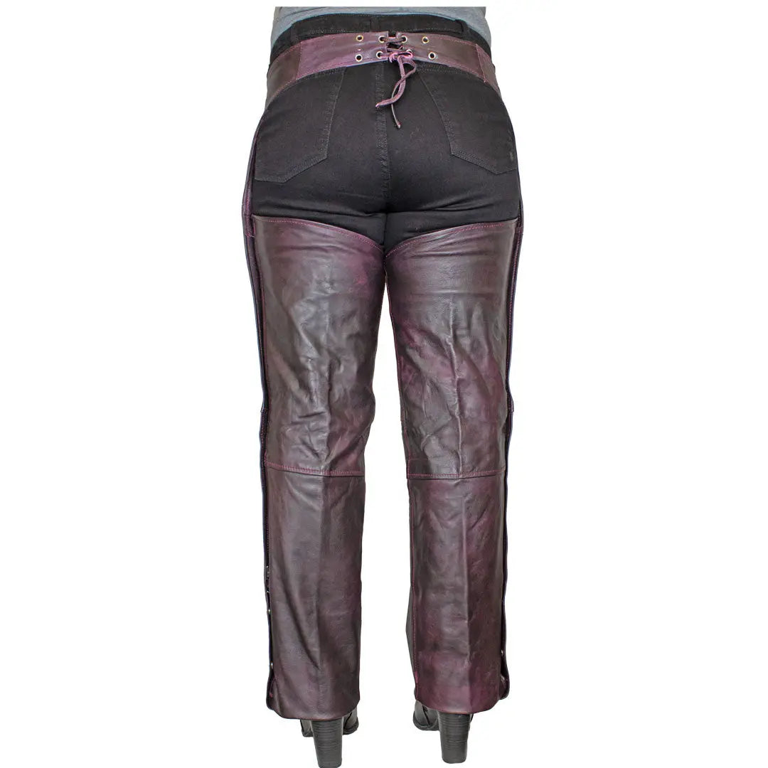 Open Road Women's Dark Purple Wash Leather Chaps - Velora Luxury Fashion