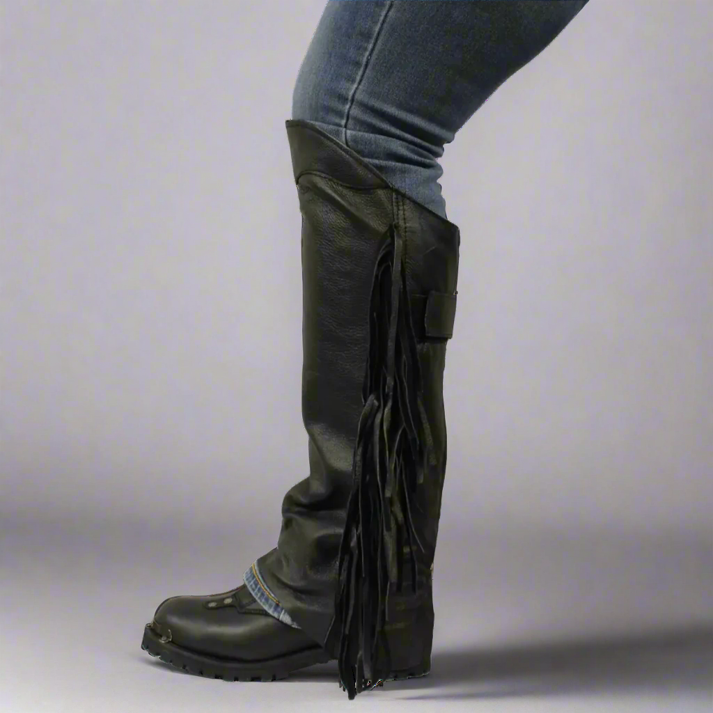 Open Road Women's Side Fringe Leather Half Chaps - Velora Luxury Fashion