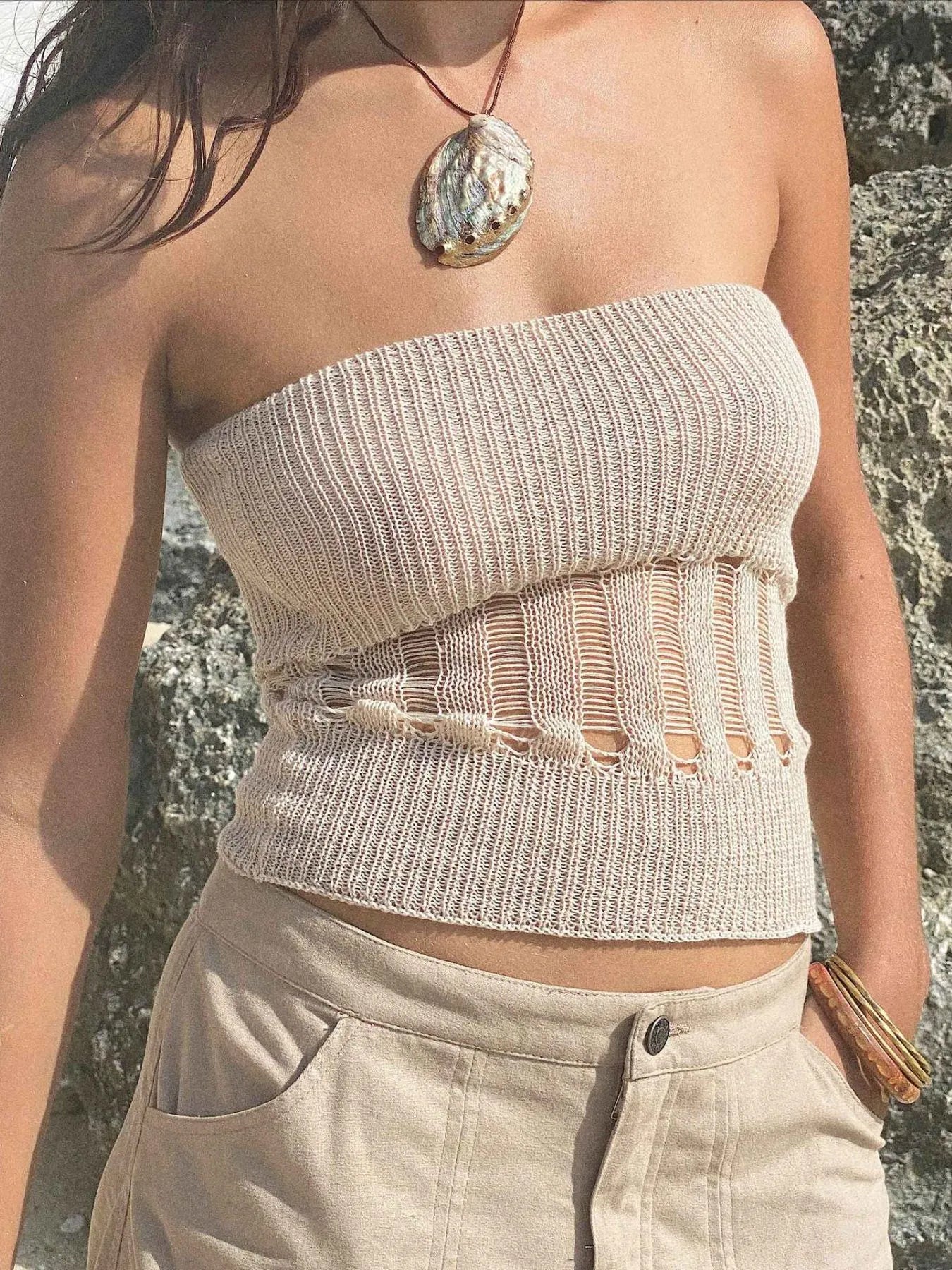 Openwork Knit Tube Top - Velora Luxury Fashion