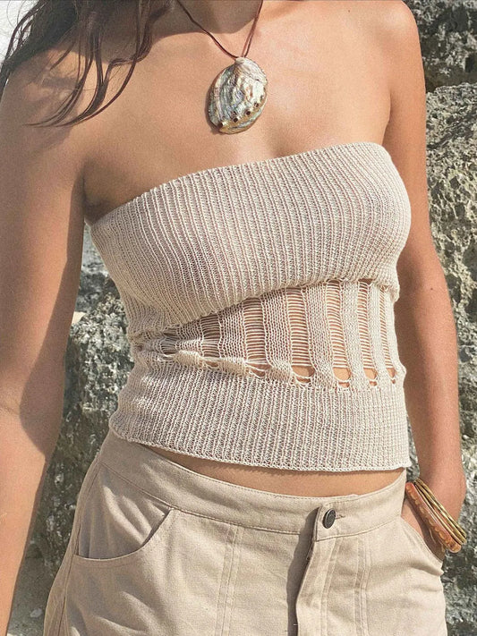 Openwork Knit Tube Top - Velora Luxury Fashion