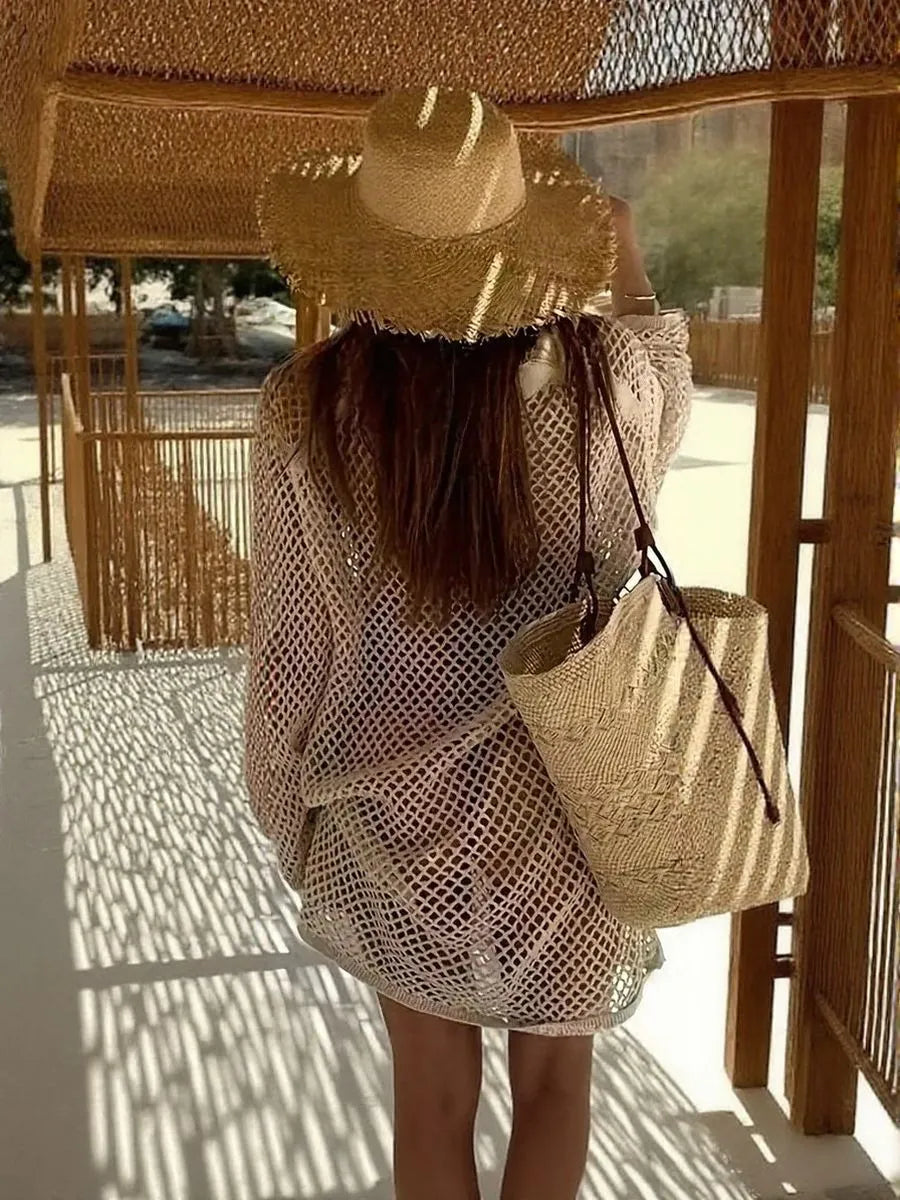 Openwork Long Sleeve Knit Cover Up Dress - Velora Luxury Fashion