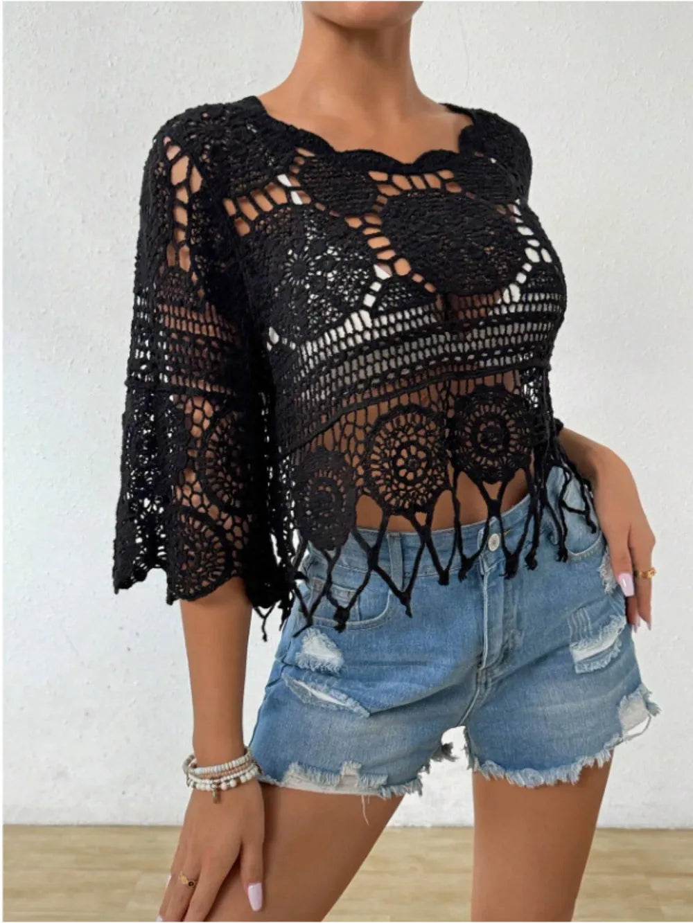Openwork Round Neck Cover-Up - Velora Luxury Fashion