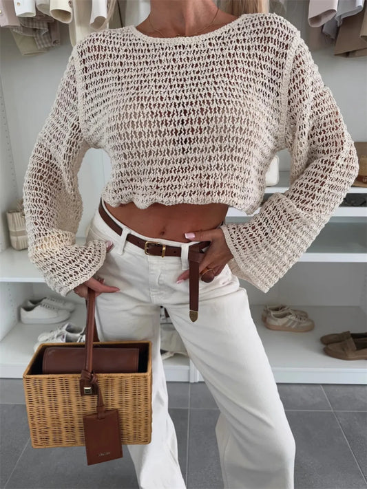 Openwork Round Neck Knit Cover Up - Velora Luxury Fashion