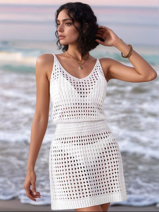 Openwork Sleeveless Knit Cover Up Dress - Velora Luxury Fashion