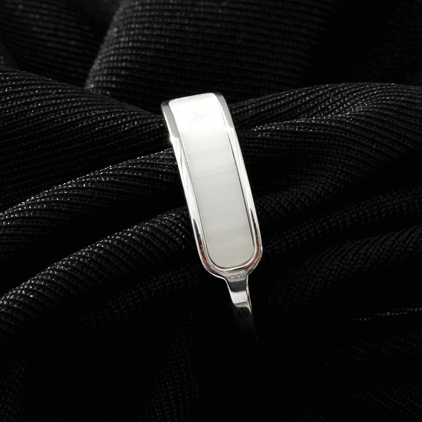 PEILLON White Gold (Silver Toned): Modern Minimalist Natural Shell Band Inset Ring - Velora Luxury Fashion
