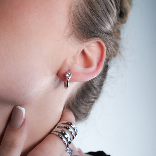 PELLA White Gold (Silver Toned): Mini Hoop Earrings with Heart Shaped Moissanite - Velora Luxury Fashion