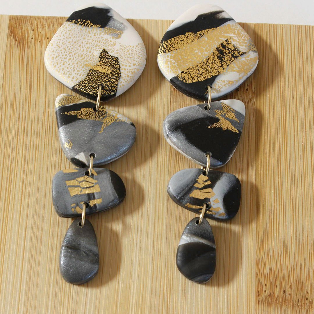 PIEDRA Earrings. White, Black, gold and grey marble swirls, Bold statement Earrings - Velora Luxury Fashion