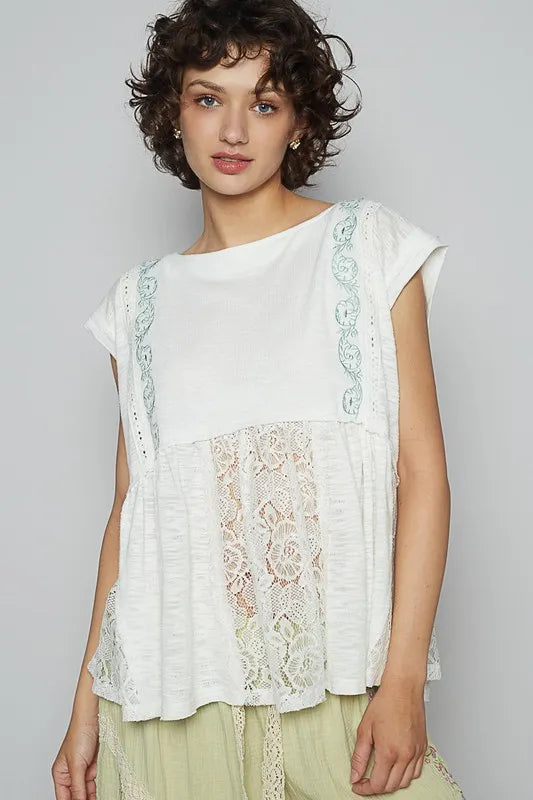 POL Embroidered Detail Boat Neck Cap Sleeve Lace Blouse - Velora Luxury Fashion
