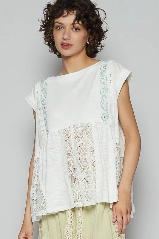 POL Embroidered Detail Boat Neck Cap Sleeve Lace Blouse - Velora Luxury Fashion