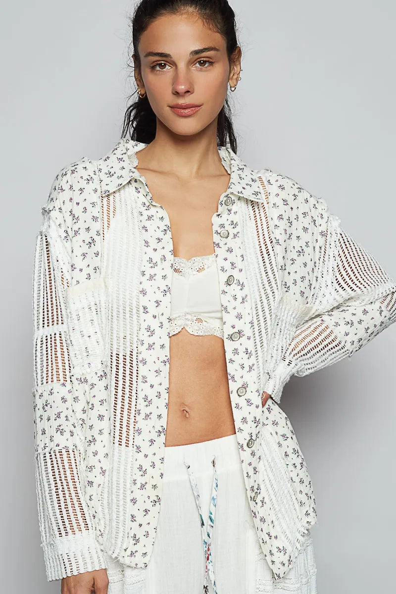 POL Floral Crochet Patchwork Long Sleeve Shirt - Velora Luxury Fashion