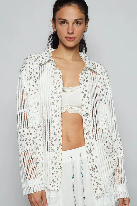 POL Floral Crochet Patchwork Long Sleeve Shirt - Velora Luxury Fashion