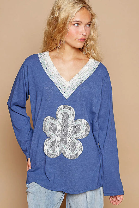 POL Lace Flower Patch Long Sleeve T-Shirt - Velora Luxury Fashion