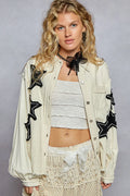 POL Star Patch Raw Hem Button Up Denim Jacket - Velora Luxury Fashion