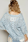 POL V-Neck Short Sleeve Top with Laser Cut Detail - Velora Luxury Fashion