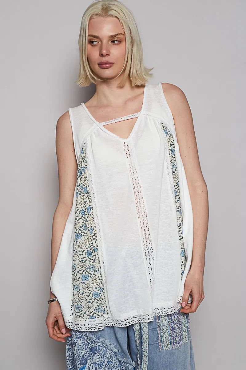 POL V Neck Sleeveless Tank Top with Lace Detail - Velora Luxury Fashion