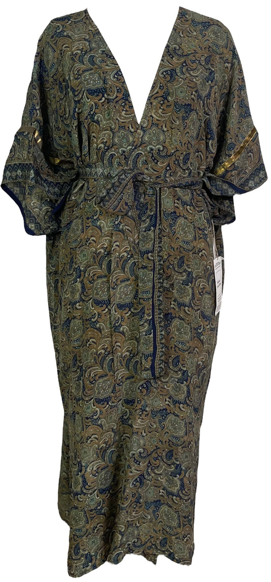 PRC6833 Avatar Long Pure Silk Kimono Sleeved Duster with Belt - Velora Luxury Fashion