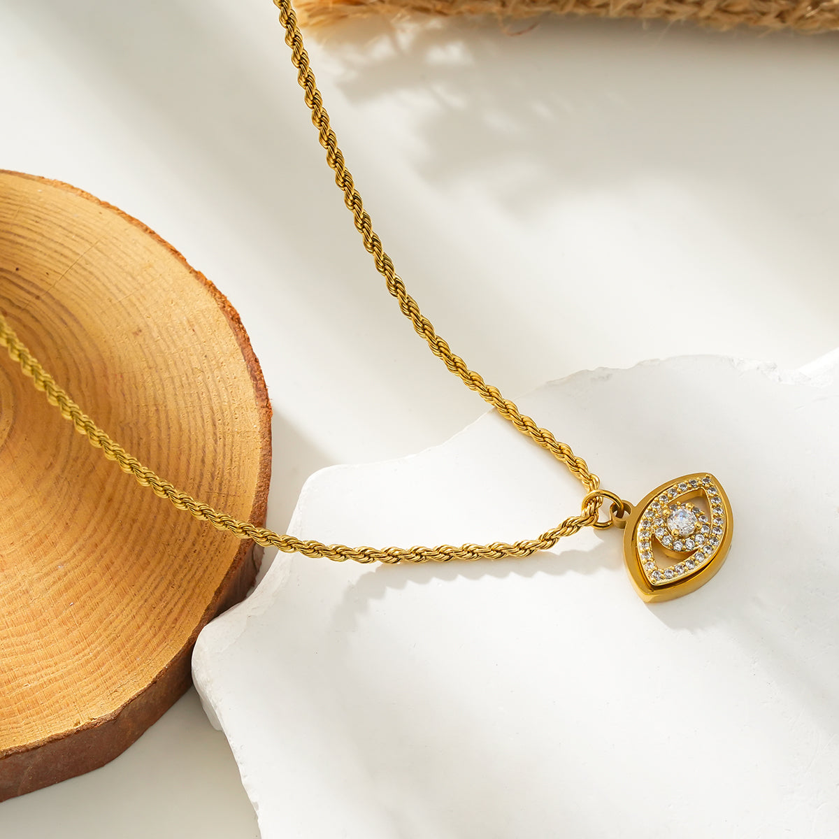 PROTACTOR Gold: Zirconia (CZ) Embellished Evil Eye Chain Necklace - Velora