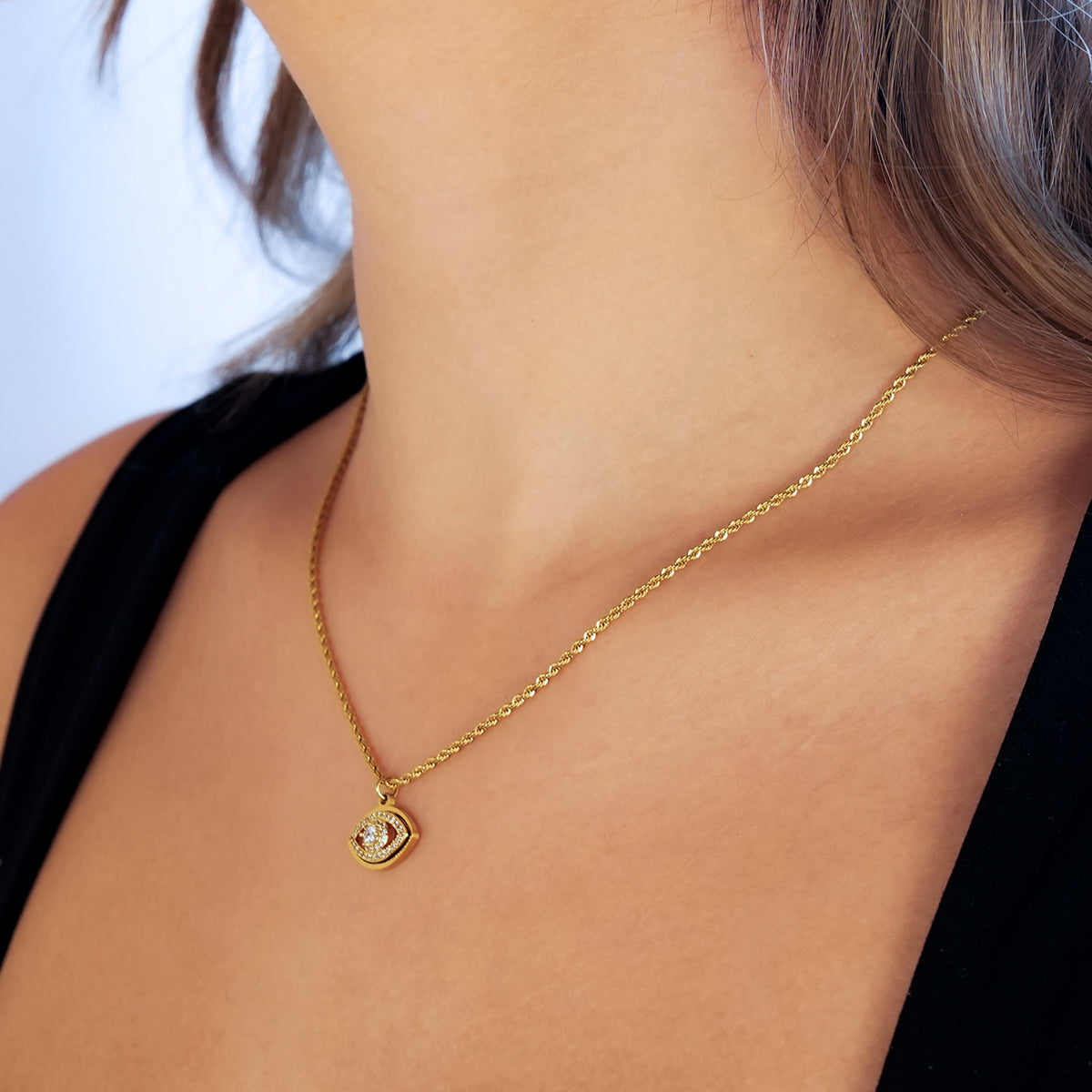 PROTACTOR Gold: Zirconia (CZ) Embellished Evil Eye Chain Necklace - Velora