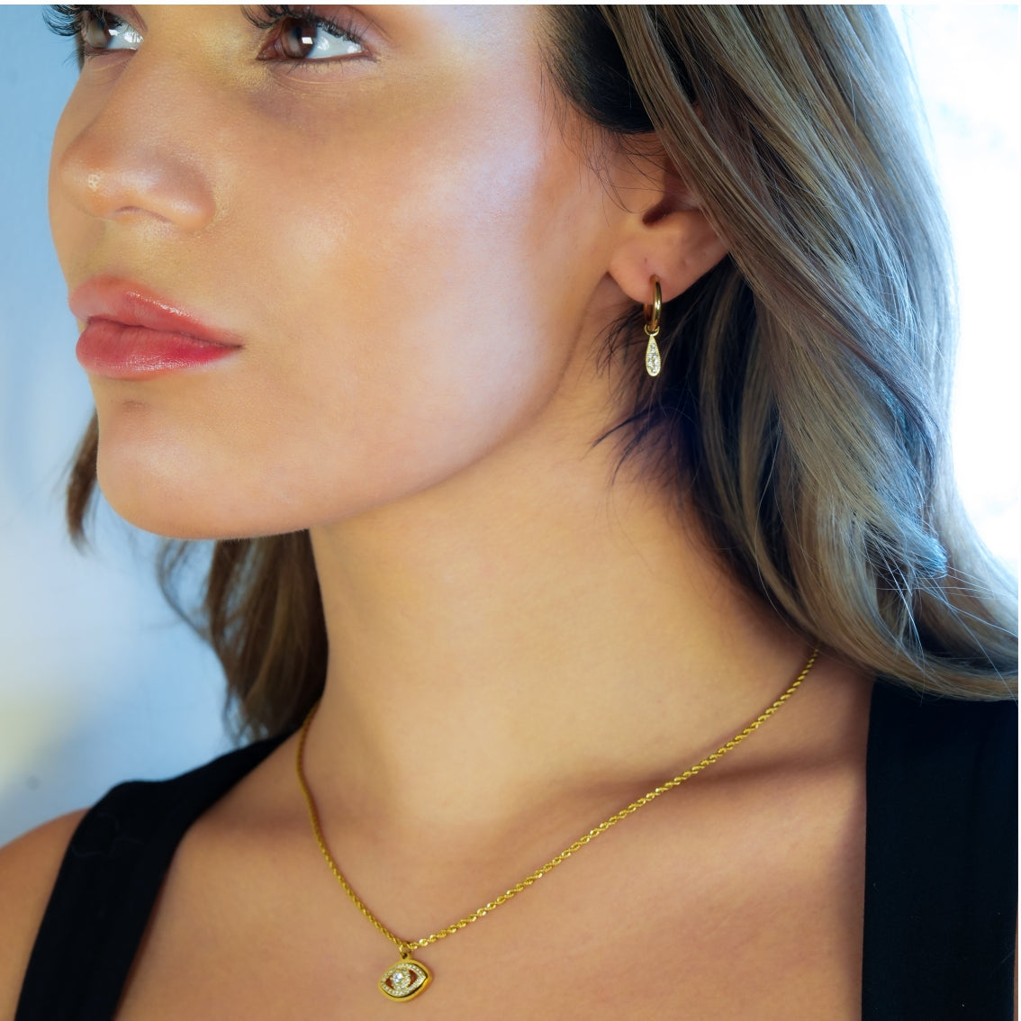 PROTACTOR Gold: Zirconia (CZ) Embellished Evil Eye Chain Necklace - Velora
