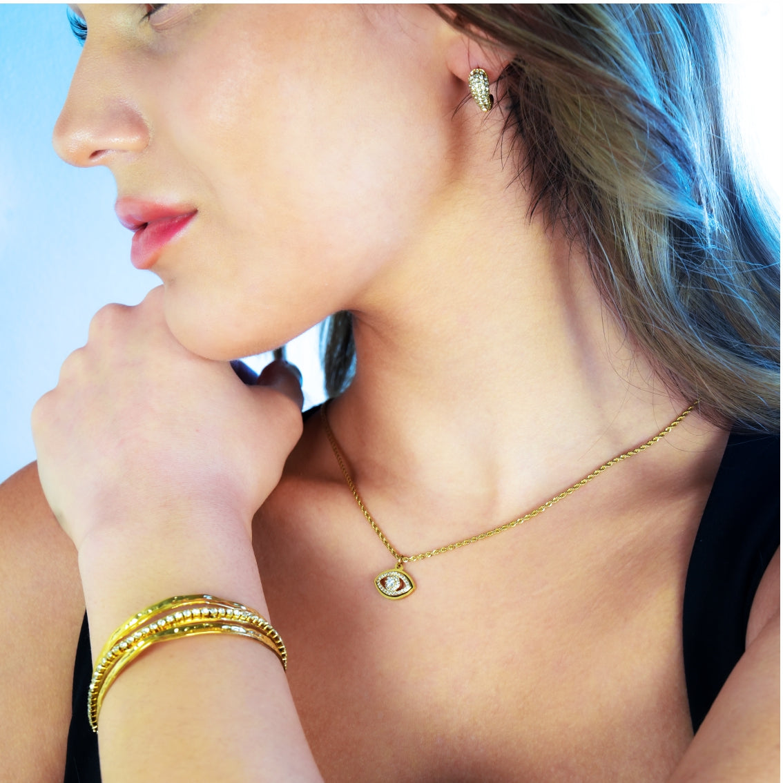 PROTACTOR Gold: Zirconia (CZ) Embellished Evil Eye Chain Necklace - Velora