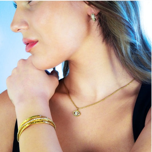 PROTACTOR Gold: Zirconia (CZ) Embellished Evil Eye Chain Necklace - Velora