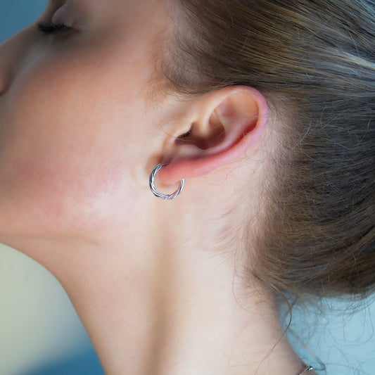 PURLEY: White Gold (Silver Toned) Richly Textured Modernist Mini Hoop Earrings - Velora