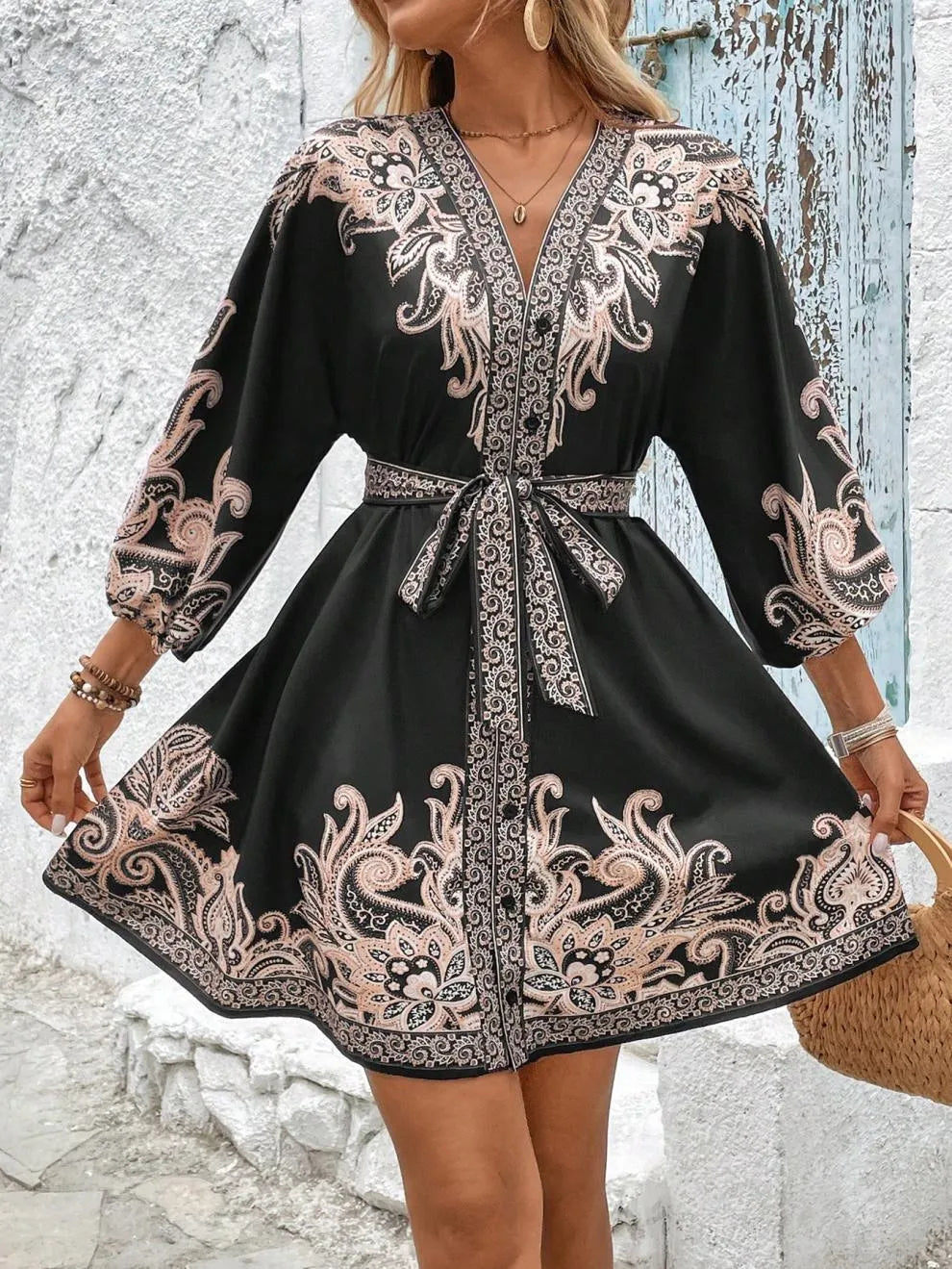 Paisley V-Neck 3/4 Sleeve Mini Dress - Velora Luxury Fashion