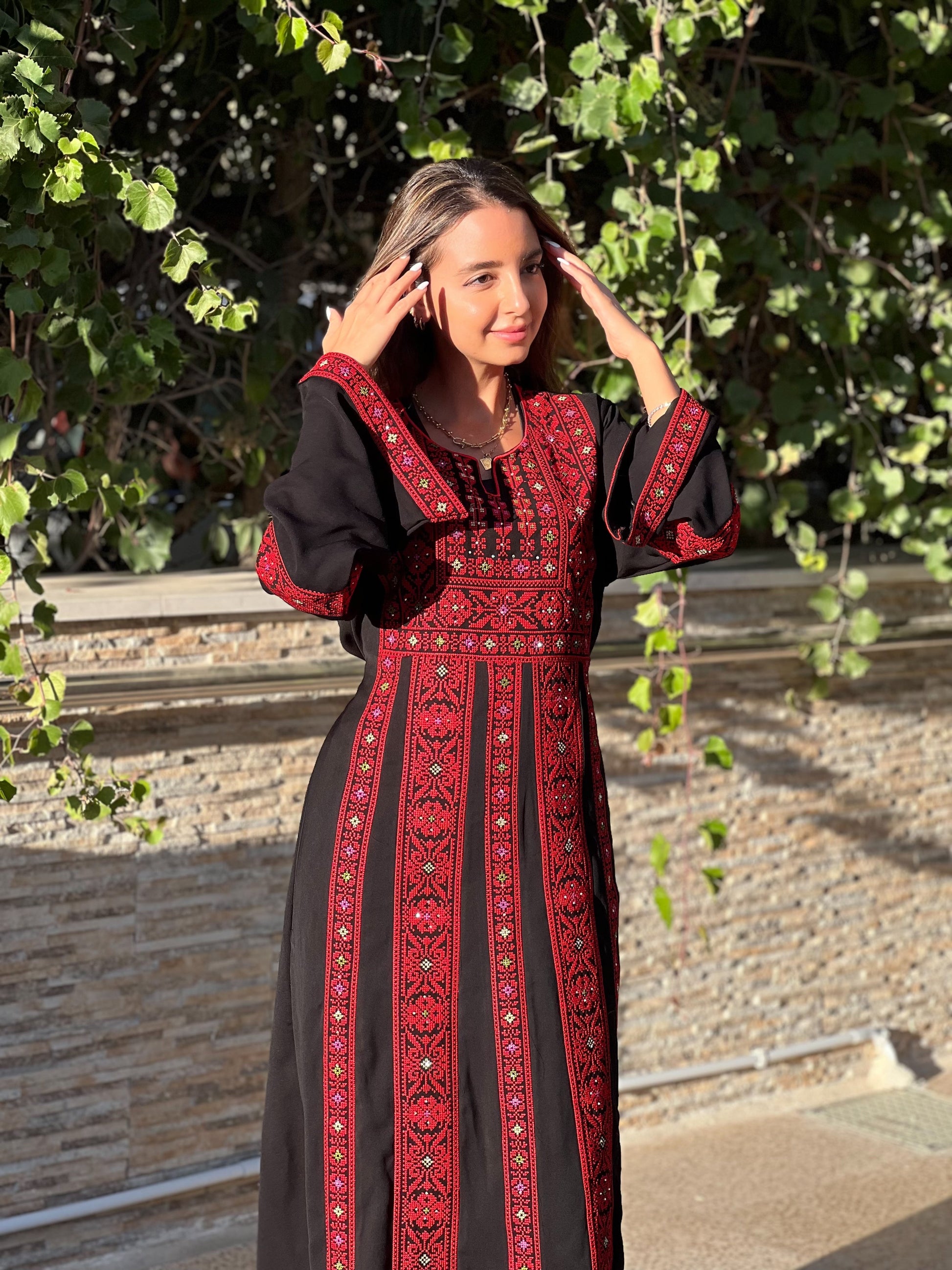 Palestinian Thobe Traditional Dress | Black with Red Tatreez Embroidery for Adults - Velora Luxury Fashion