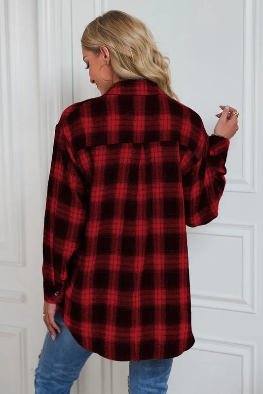 Plaid Button Up Dropped Shoulder Outerwear - Velora Luxury Fashion