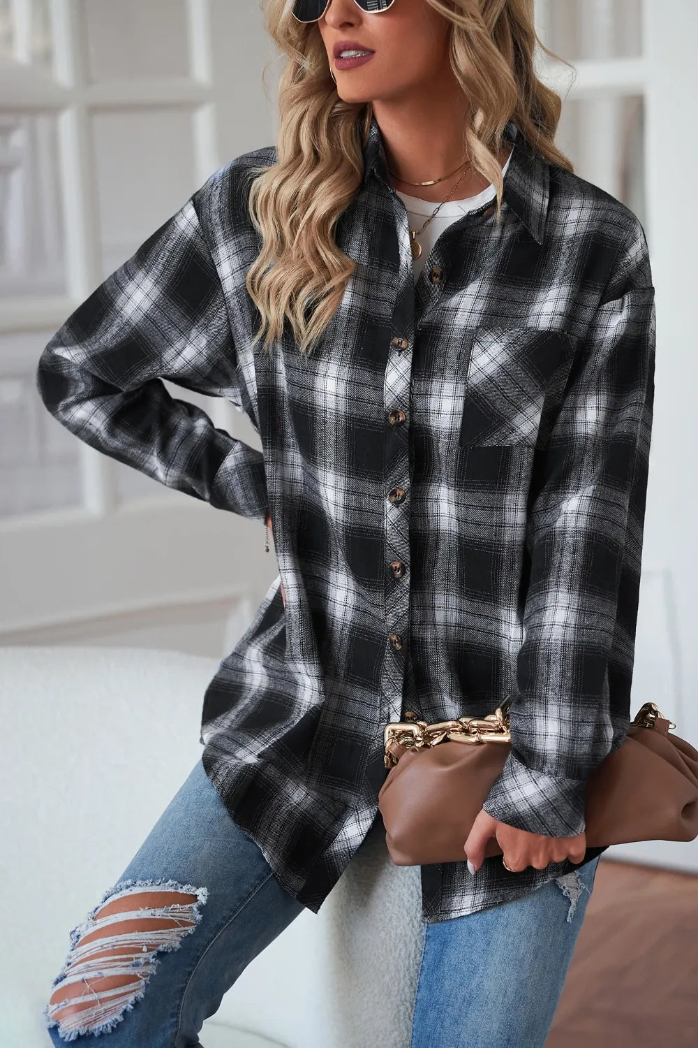 Plaid Button Up Dropped Shoulder Outerwear - Velora Luxury Fashion