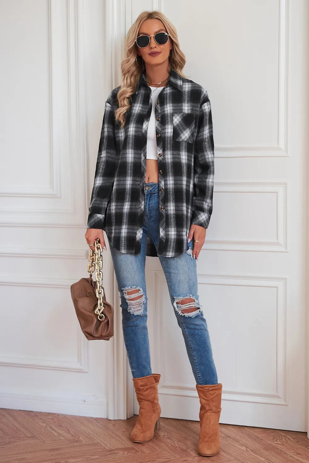 Plaid Button Up Dropped Shoulder Outerwear - Velora Luxury Fashion