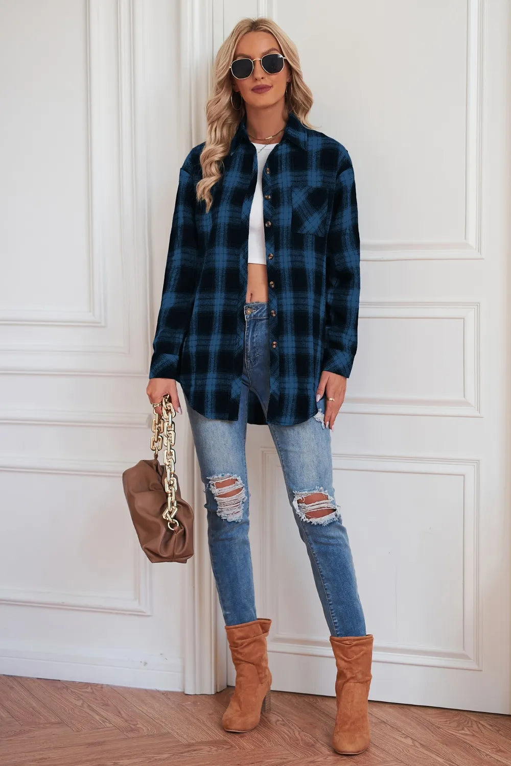 Plaid Button Up Dropped Shoulder Outerwear - Velora Luxury Fashion