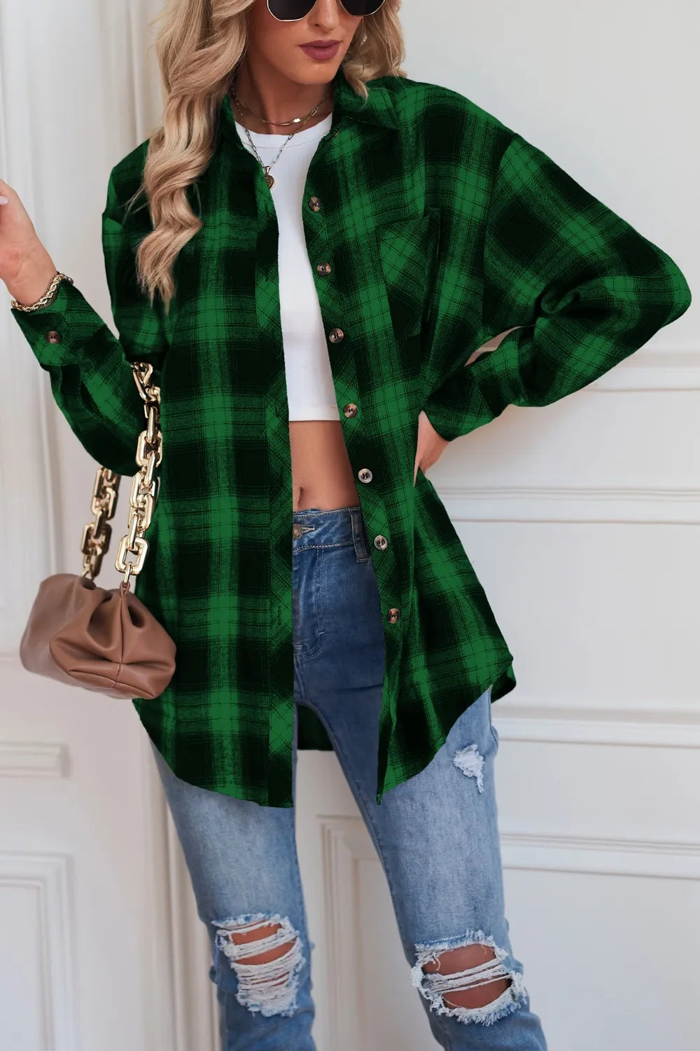 Plaid Button Up Dropped Shoulder Outerwear - Velora Luxury Fashion