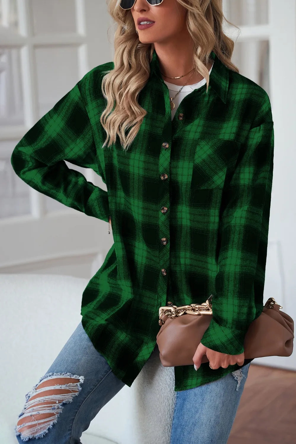 Plaid Button Up Dropped Shoulder Outerwear - Velora Luxury Fashion