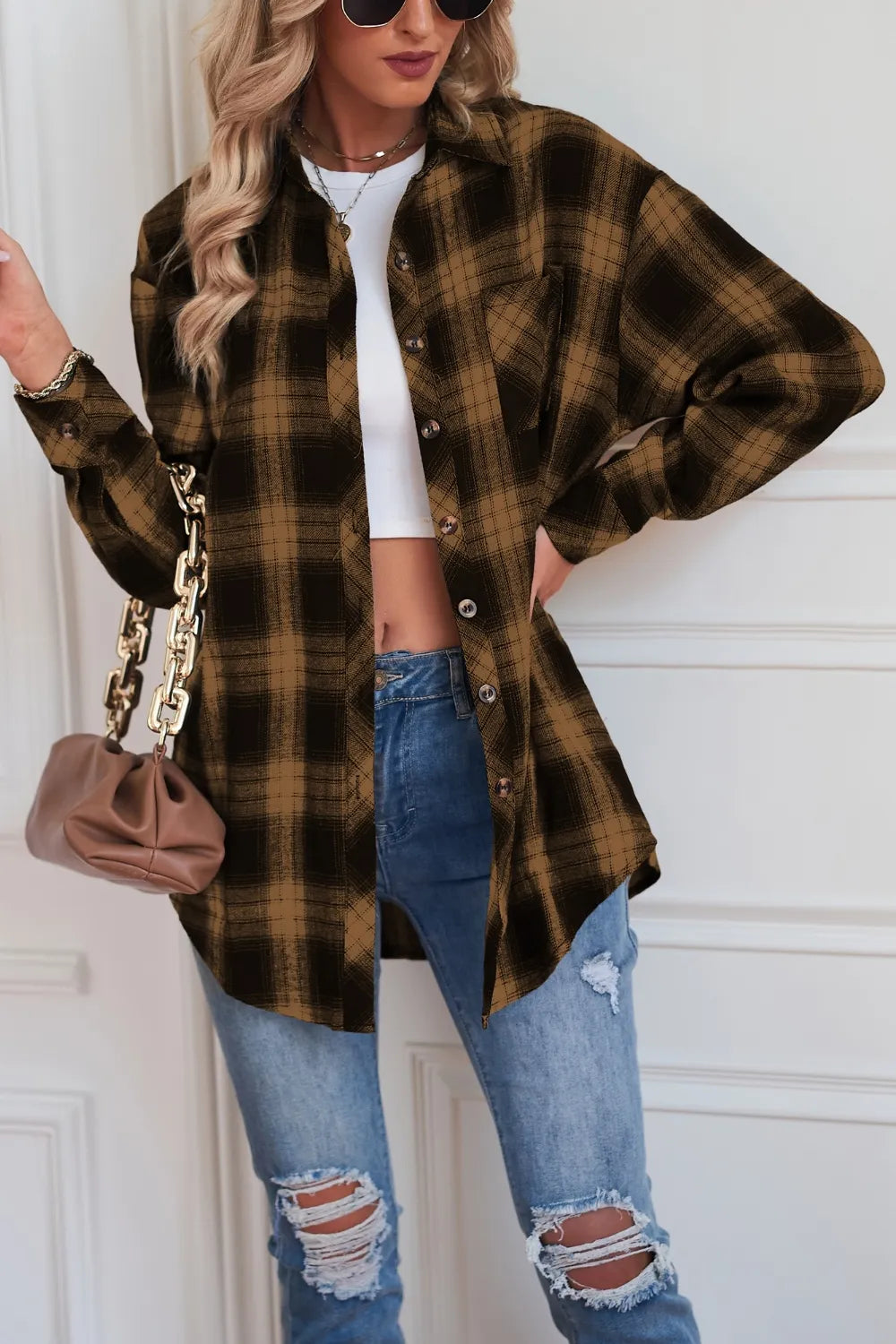 Plaid Button Up Dropped Shoulder Outerwear - Velora Luxury Fashion