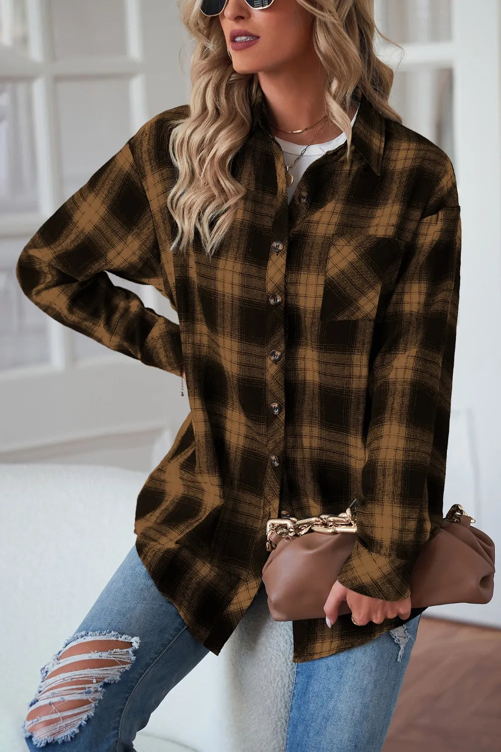 Plaid Button Up Dropped Shoulder Outerwear - Velora Luxury Fashion