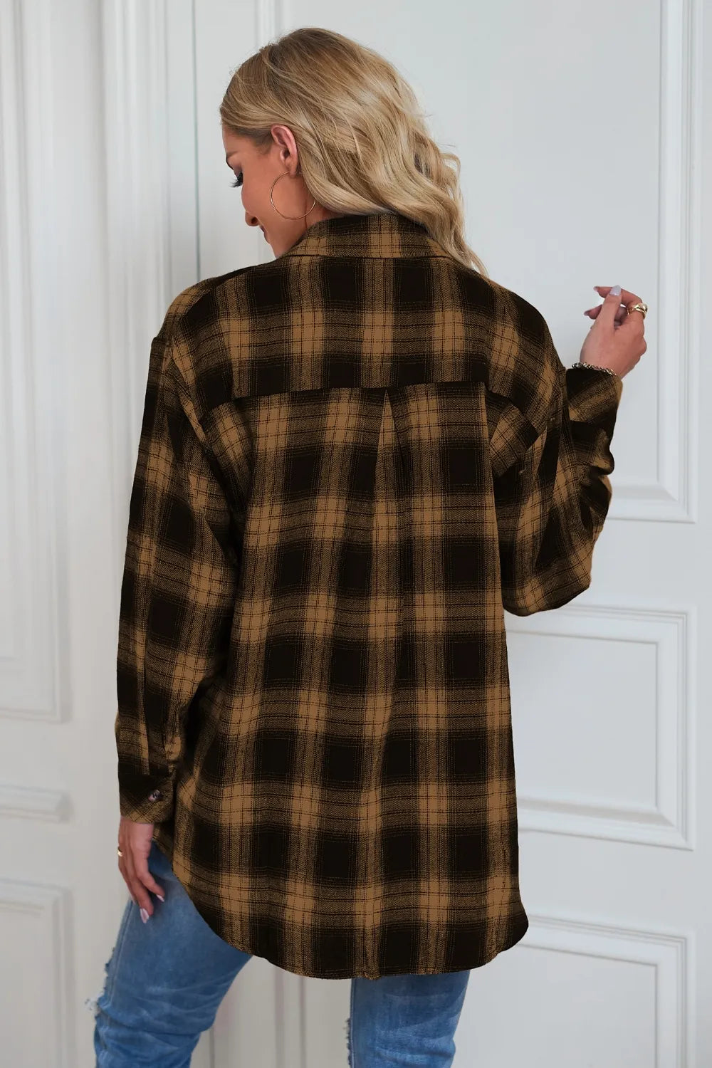 Plaid Button Up Dropped Shoulder Outerwear - Velora Luxury Fashion